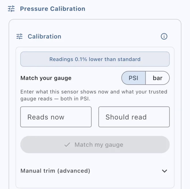 The Pressure Calibration section showing the Match your gauge fields