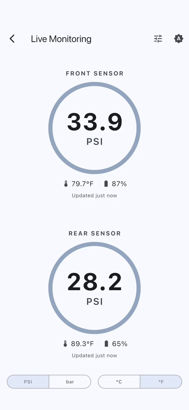 The Live Monitoring view showing front and rear tire pressures as large circular gauges